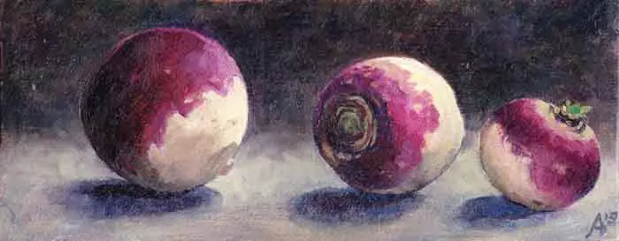 Annemarie Verschoor, Mei knollen, Oil on oak, 10x27 cm, €.180,-