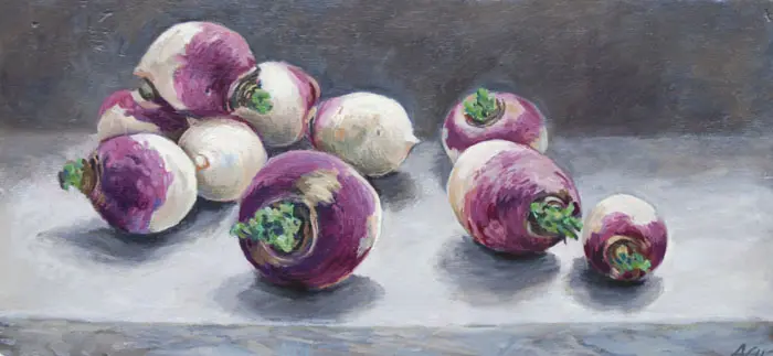 Annemarie Verschoor, Meiknolletjes, Oil on panel, 21x47 cm, €.250,-