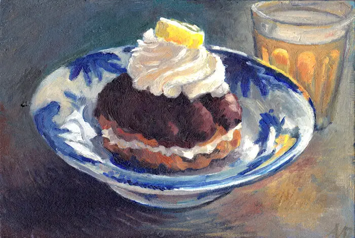 Annemarie Verschoor, Moorkop op blauw bord, Oil on panel, 20x29 cm, €.200,-