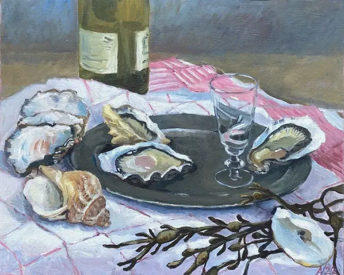 Annemarie Verschoor, Oesters, 300 euro, Oil on panel, unframed, 28x33 cm