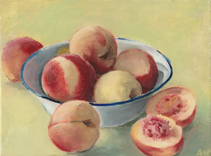 Annemarie Verschoor, Perzikken, 220 euro, Oil on panel, unframed, 20x27 cm