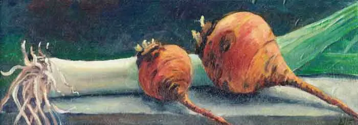 Annemarie Verschoor, Prei en raap, Oil on oak, 10x27 cm, €.180,-