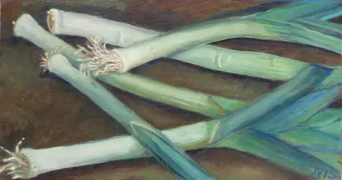 Annemarie Verschoor, Prei op tafel, Oil on panel, 19x37 cm, €.