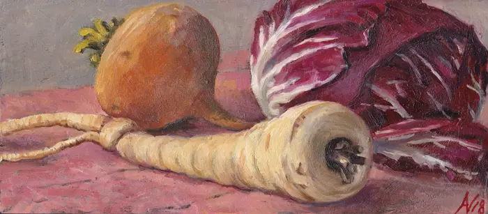 Annemarie Verschoor, Radicchio en pastinaak, Oil on panel, 13x29 cm, €.195,-