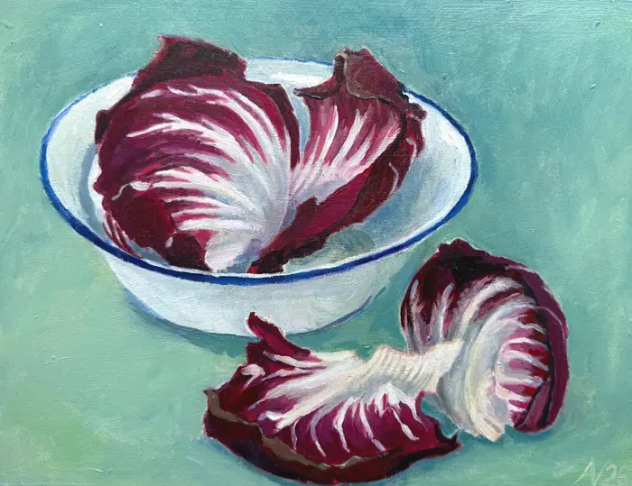Annemarie Verschoor, Radichio in kom, 200 euro, Oil on panel, unframed, 22x29 cm