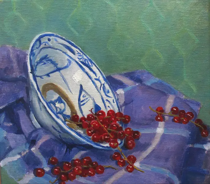 Annemarie Verschoor, Rode bessen in vissenkom, Oil on canvas, 25x28 cm, €.225,-