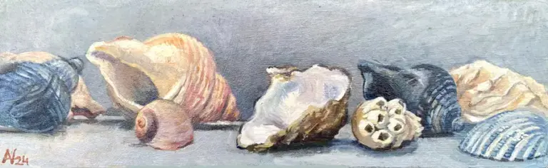 Annemarie Verschoor, Schelpen, 180 euro, Oil on vintage board, 37x12 cm