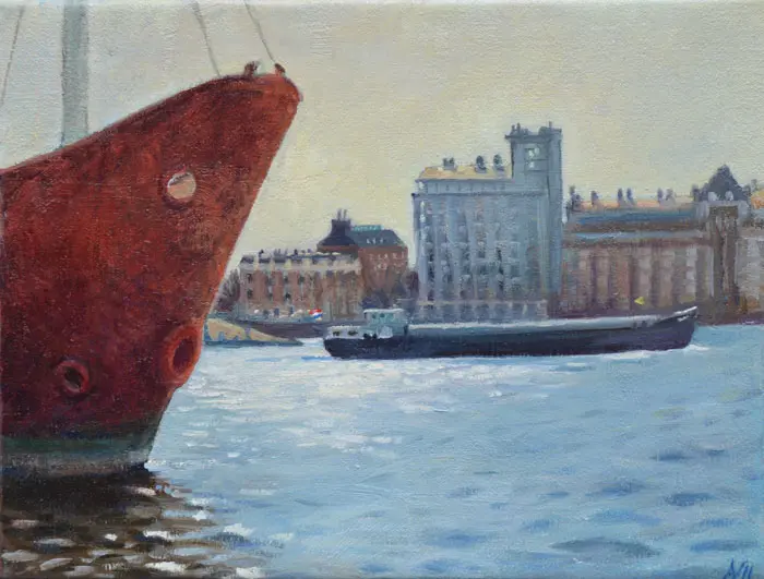 Annemarie Verschoor, Silo aan 't Y, Oil on canvas in wooden frame, 20x40 cm, €.300,-