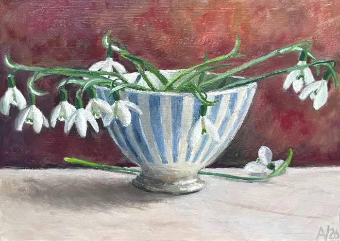 Annemarie Verschoor, Sneeuklokjes in kom, 220 euro, Oil on panel, unframed, 21x30 cm