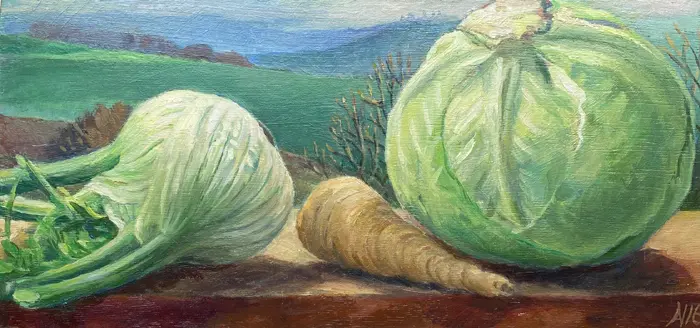 Annemarie Verschoor, Venkel en Kool, 200 euro, Oil on wood, 19x40 cm