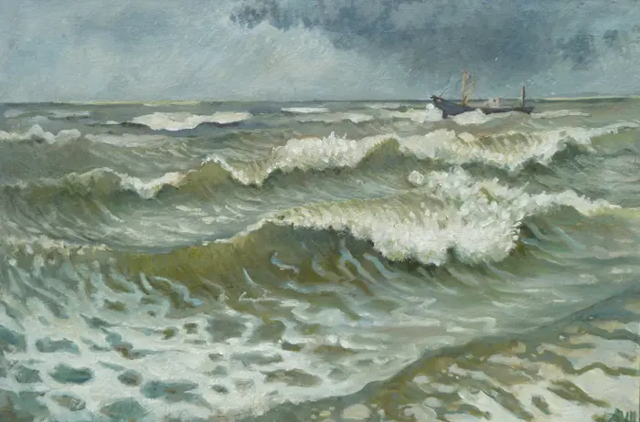 Annemarie Verschoor, Vies weer mooie zee, Oil on panel, 26x 40 cm, €.350,-
