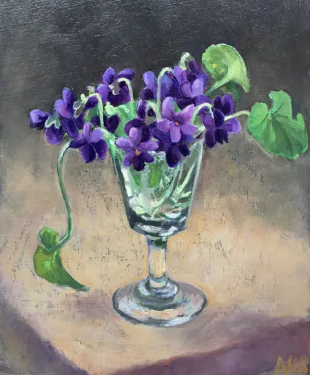 Annemarie Verschoor, Viooltjes in glaasje, Oil on wood, 21x17 cm, €.170,-