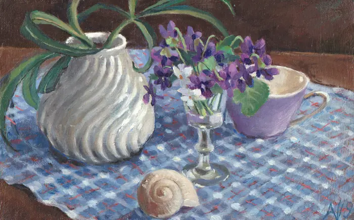 Annemarie Verschoor,Viooltjes in glas, 180 euro, Oil on wood, unframed, 19x29 cm