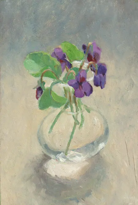Annemarie Verschoor, Viooltjes, 100 euro, Oil on old wood, unframed, 20x13 cm