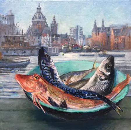 Annemarie Verschoor, Vis aan het Oosterdok, Oil on canvas, 40x40 cm, €.450,-