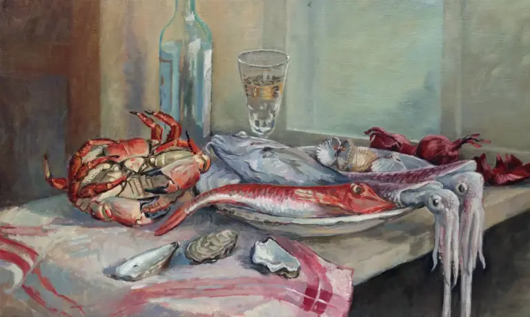Annemarie Verschoor, Vis op tafel, Oil on canvas, 45x80 cm, €.600,-