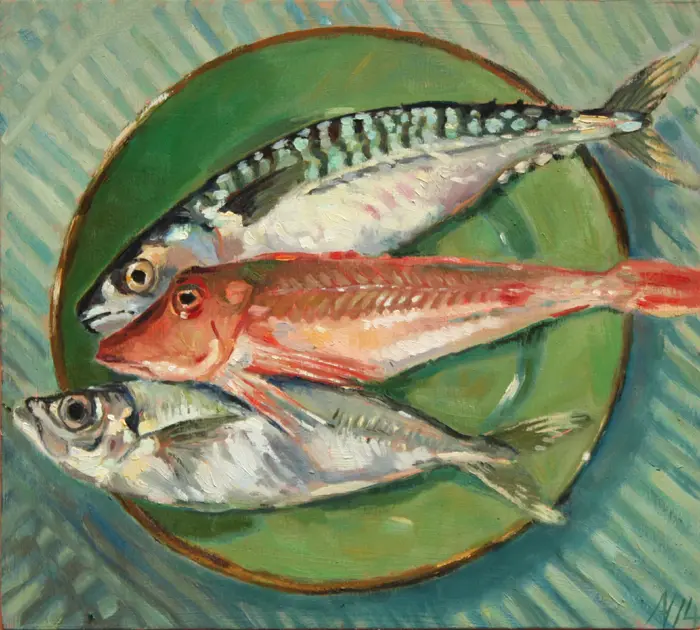 Annemarie Verschoor, Vissen op groen bord, Oil on panel, 26x29 cm, €.220,-