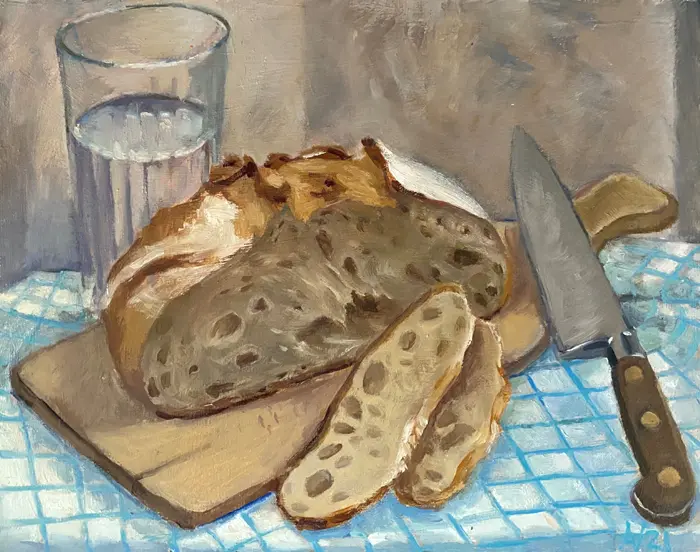 Annemarie Verschoor, Water en brood, Oil on panel, unframed, 22x29 cm, €.250,-