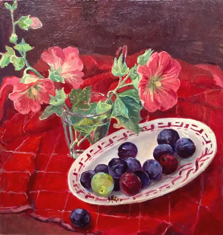 Annemarie Verschoor, Wesp bij pruimen, Oil on panel, 32x31 cm, €.250,-