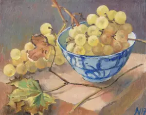 Annemarie Verschoor, Witte druiven in Chinees kommetje, Oil on panel, 17x22 cm, €.180,-