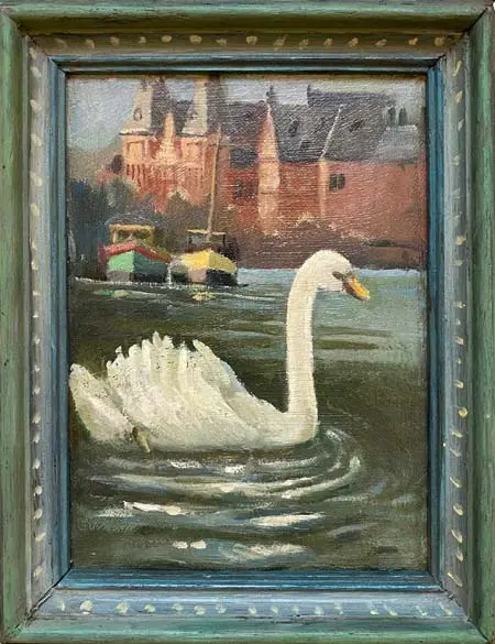 Annemarie Verschoor, Zwaan, Oil on panel in old frame, 23x18 cm, €.65,-