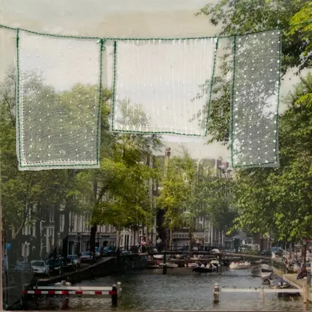 Annette van Waaijen, Amsterdam 2, Mixed media with photo and embroidery thread in wooden frame, 20x20 cm, €.245,- euro (also on commission from 175 euro)