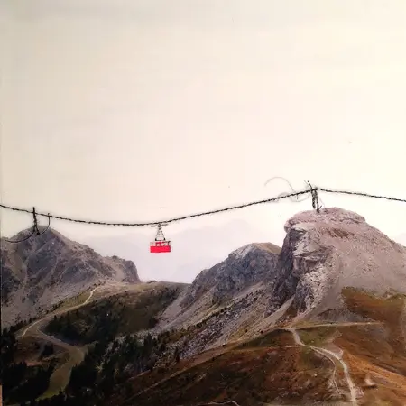 Annette van Waaijen, Franse Alpen 3, Mixed media on wood with photography, needlework and epoxy in wooden frame, 20x20 cm, €.235,-