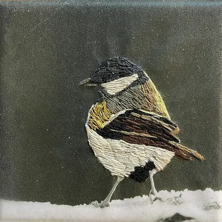 Annette van Waaijen, Goudborstje, 145 euro, Mixed media with photo/embroidery in wooden frame, 10x10 cm