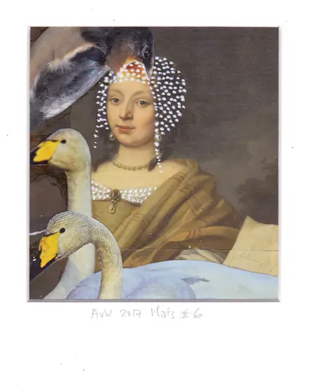 Annette van Waaijen, Hats 6, Collage on canvas with ink and acrylic in aluminum frame, 18x13 cm, €.195,-