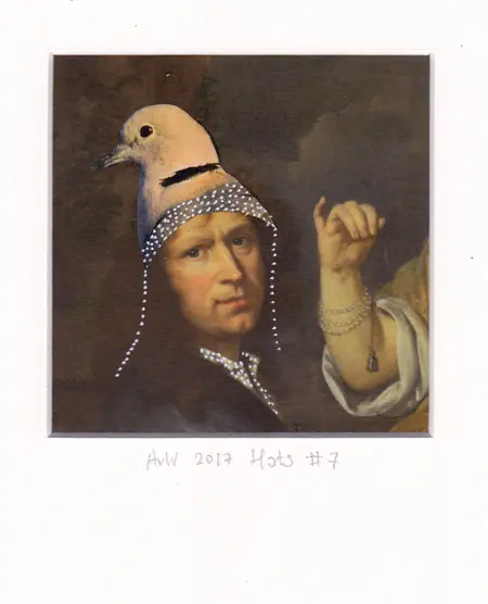 Annette van Waaijen, Hats 7, Collage on canvas with ink and acrylic in aluminum frame, 18x13 cm, €.195,-
