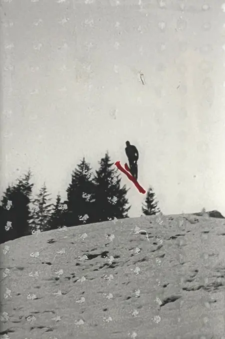 Annette van Waaijen, Jump 1, 65 euro, Collage with stitching, resin and old photo, unframed, 6x9 cm