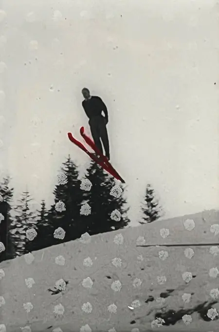 Annette van Waaijen, Jump 2, 65 euro, Collage with stitching, resin and old photo, unframed, 6x9 cm