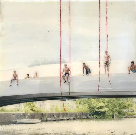 Annette van Waaijen, Jumping summer in Amsterdam, 315 euro, Mixed media on panel with photo/embroidery/resin in wooden frame, 30x30 cm