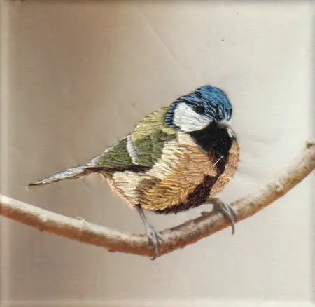 Annette van Waaijen, Koolmees, 145 euro, Mixed media with photo/embroidery in wooden frame, 10x10 cm