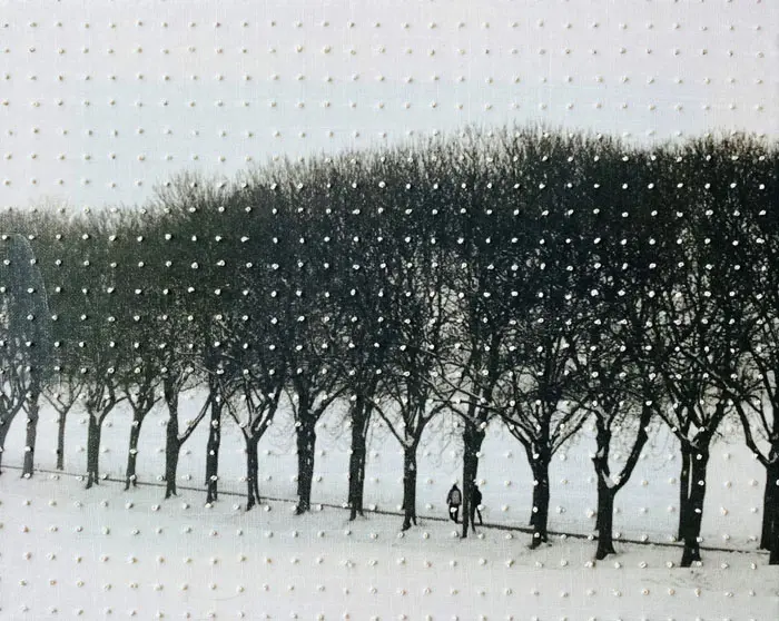 Annette van Waaijen, Once upon a time - a walk in the snow, Mixed media with photo and embroidery in wooden frame, 30x24 cm, €.395,-
