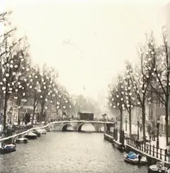 Annette van Waaijen, Once upon a time....(amsterdam canal), 145 euro, Mixed media with photo/embroidery in black wooden frame, 10x10 cm