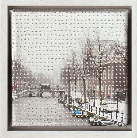 Annette van Waaijen, Once upon a time... Amsterdam in the silver snow, 245 euro, Photo on canvas in embroidery white wooden frame, 15x15 cm