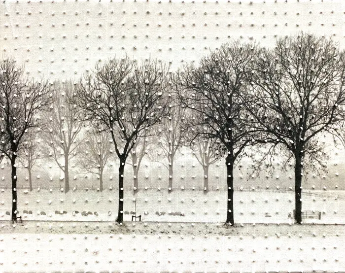 Annette van Waaijen, Once upon a time in de sneeuw 2, Mixed media with photo on fabric in wooden frame, 24x30 cm, €.375,-