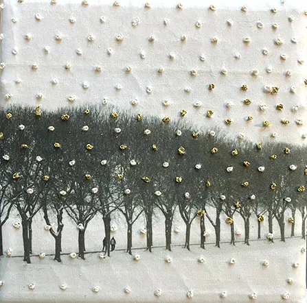 Annette van Waaijen, Once upon a time...(winterwalk), 145 euro, Mixed media with photo/embroidery in wooden frame, 10x10 cm