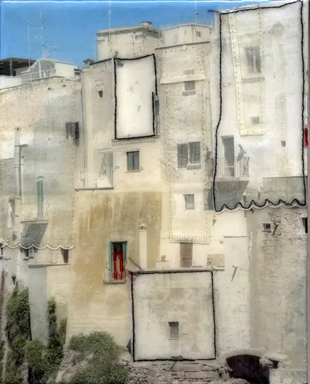 Annette van Waaijen, Polignano a Mare, 315 euro, Mixed media with photo/embroidery/resin in wooden frame, 24x30 cm