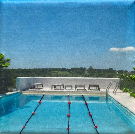 Annette van Waaijen, Pool, Mixed media with photo and embroidery thread, 10x10 cm, €.110,- (also on commission from 175 euro)