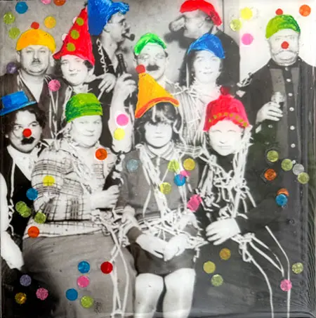 Annette van Waaijen, The Birthdayparty, 245 euro, Photo with acrylic, confetti and epoxy in black frame, 15x15 cm