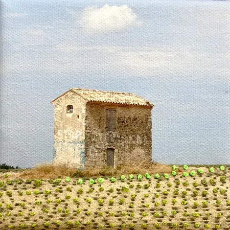 Annette van Waaijen, The house in France, 155 euro, Mixed media with photography and embroidery in wooden frame, 10x10 cm