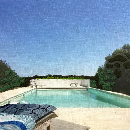 Annette van Waaijen, The Pool Puglia, 295 euro, Mixed media with photography and embroidery in wooden frame, 20x20 cm