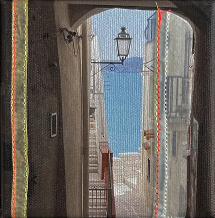 Annette van Waaijen, View at sea 2, 145 euro, Mixed media on canvas in wooden frame, 10x10 cm
