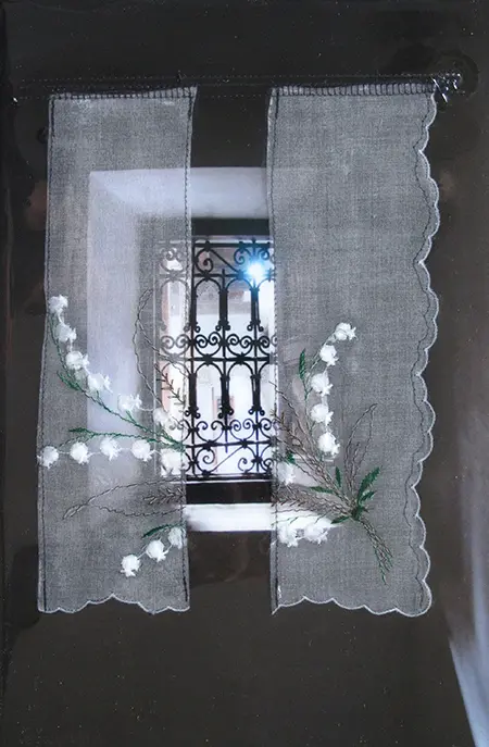 Annette van Waaijen, Vitrage met kelkjes in baklijst, Mixed media with photo and embroidery thread and resin, 30x20 cm, €265,-