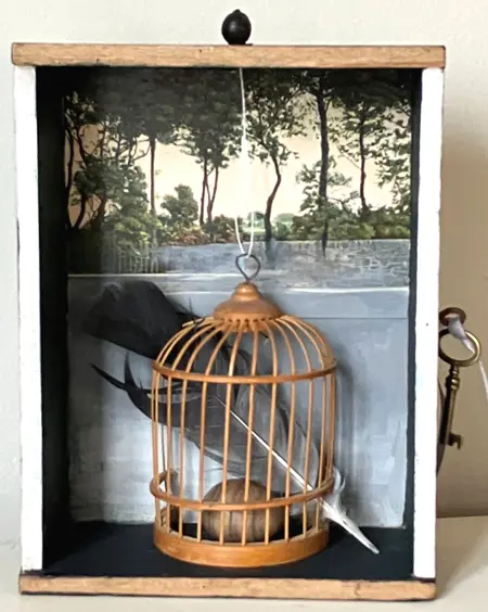 Antje Weber, Bird Cage, 130 euro, Mixed media in vintage drawer, 17x14x6 cm