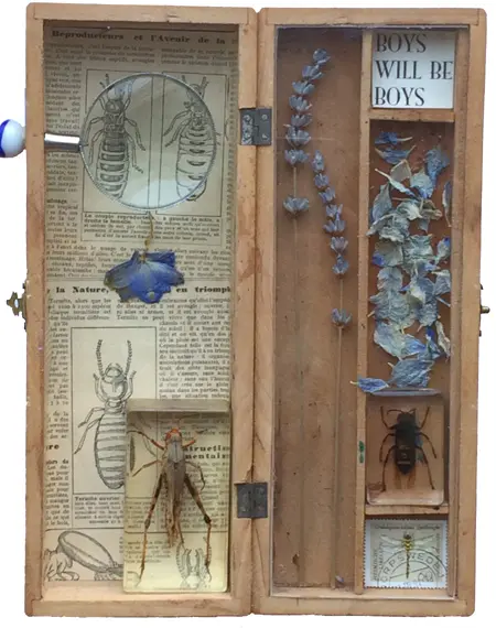 Antje Weber, Boys will be boys, Mixed media/collage in old wooden box, 23x17x5 cm, €.140,-
