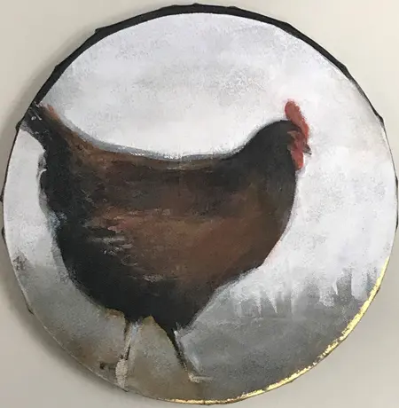 Antje Weber, Chicken, 150 euro, Acrylic and gold leaf on canvas, 30 cm