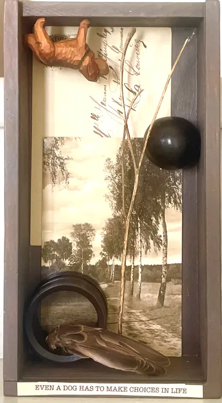 Antje Weber, Choises, 150 euro, Mixed media with carved wood dog, 12x22x5